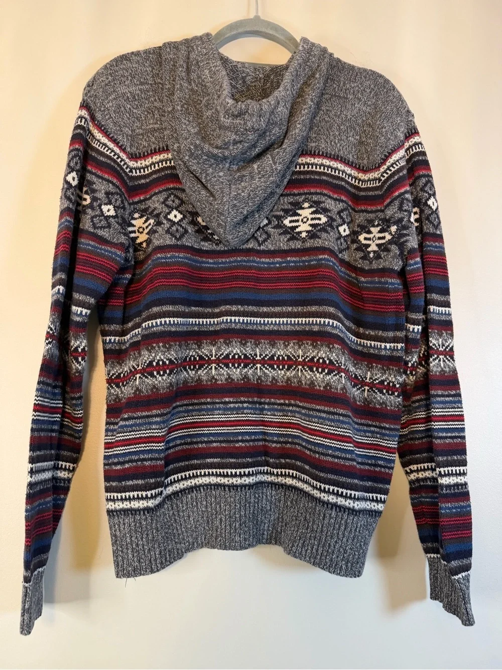 Ruff Hewn Gray Hooded Crewneck Sweater with Red and Navy Stripes